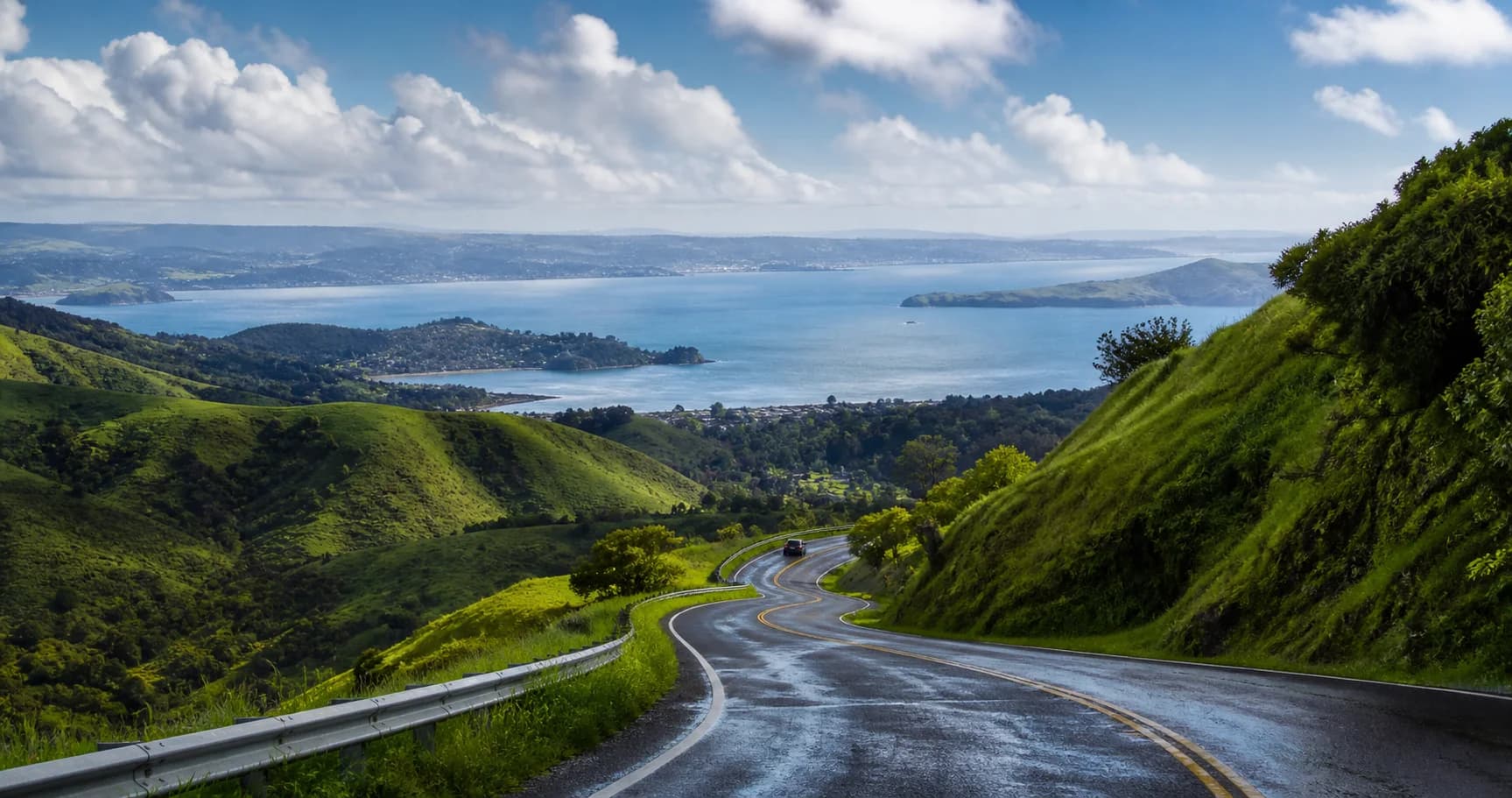 A scenic road crossing green hills above an Auckland harbour