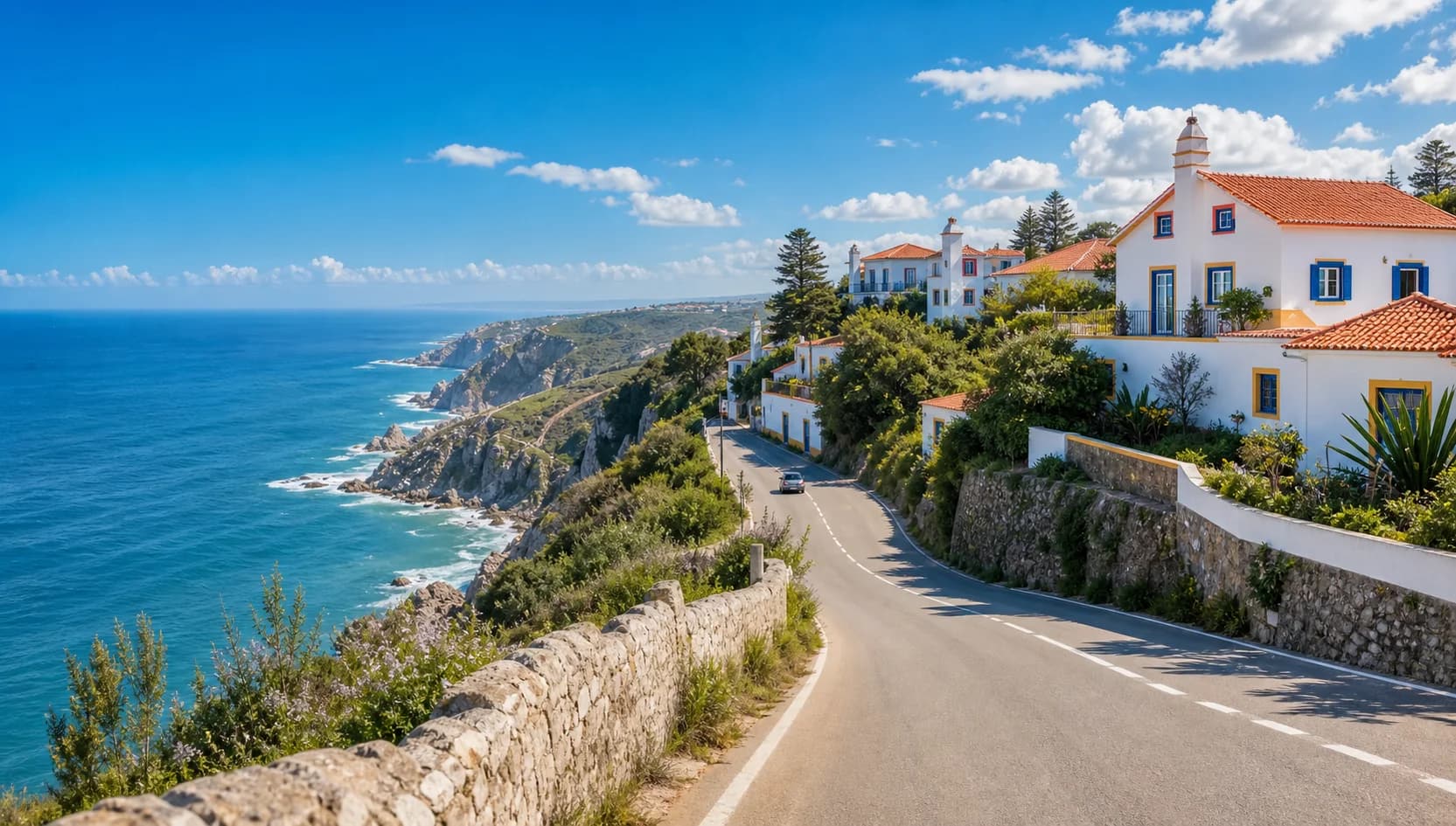 A coastal road beside white Portuguese houses near Lisbon