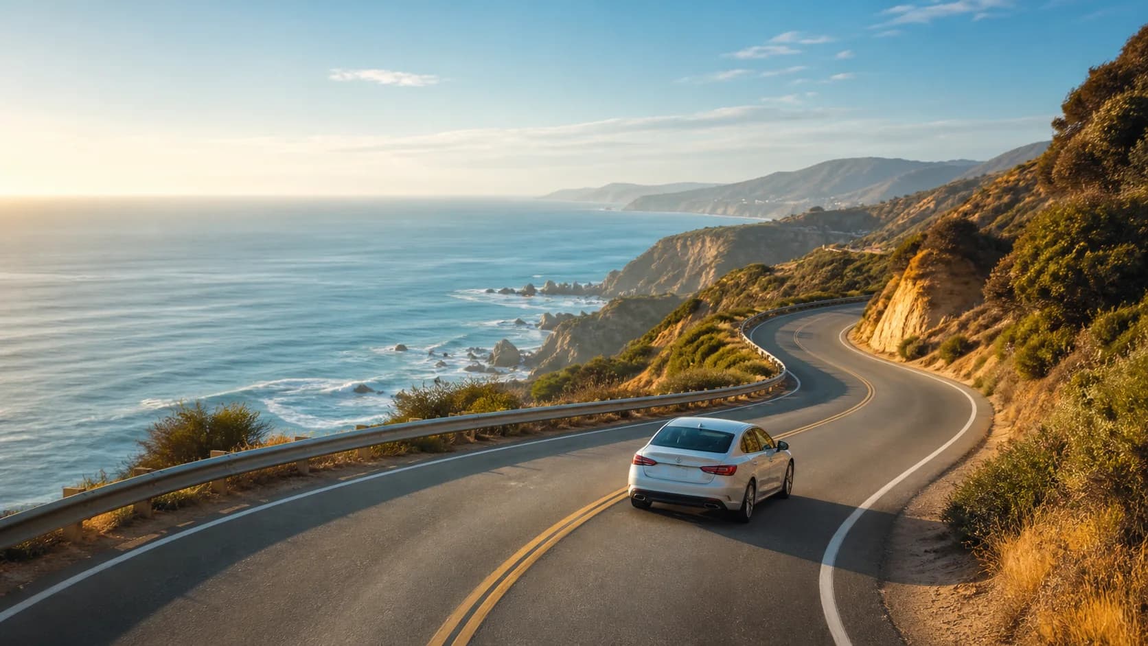 A car following a sunlit Pacific coast road near Los Angeles