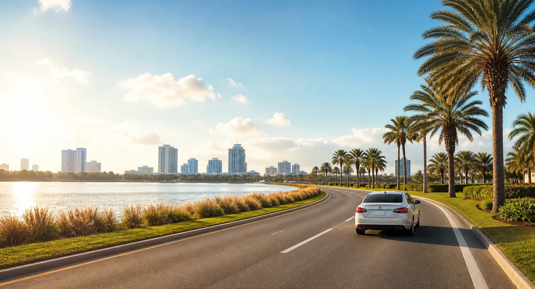 A car travelling beside a lake on a palm-lined road in Orlando