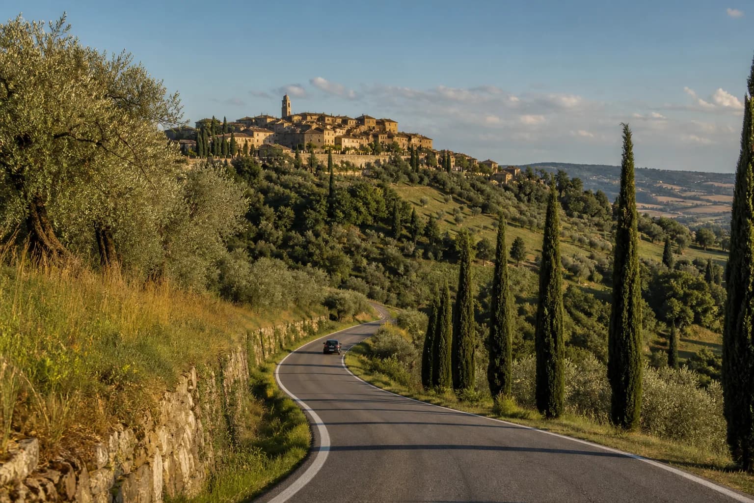 A winding road through olive groves and cypress hills near Rome