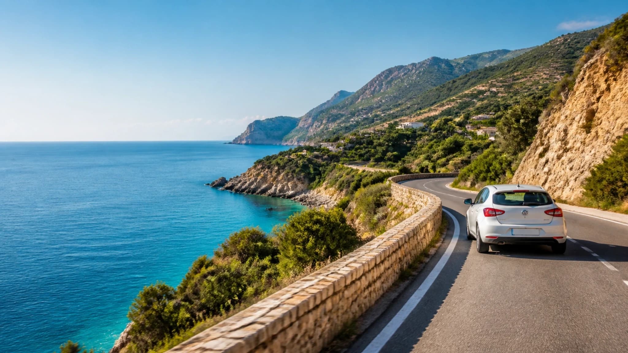Holiday travellers driving a rental car along a sunlit Mediterranean coastal road